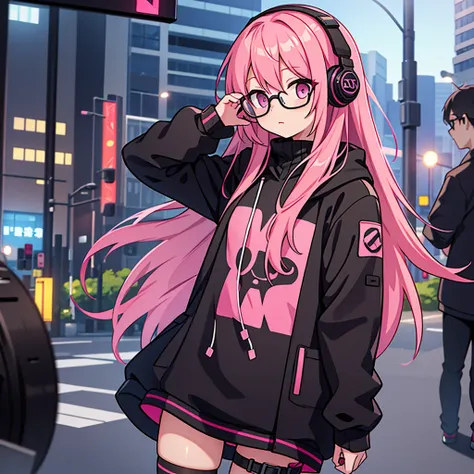 single girl with pink hair with glasses, headphones and black clothes, time of day night