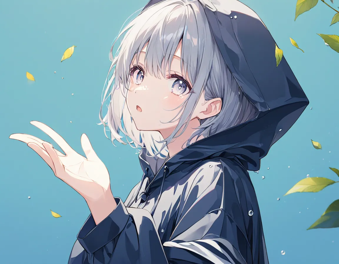 ((pastel))、1 woman, upper body, side angle pointing backwards,Woman extending one hand , Show Your Palm,Look this way,((Careful depiction)), gradation eyes ,Teary-eyed, open your mouth ,Grey Hair, black hoodie,Raincoat,white,濡れたRaincoat,  navy blue background ,Leaves scatter , Moderate Blur ,Light,Strong vignette, soft pattern masterpiece,Best Quality,Exquisite,8k, absurd, super detailed illustrations on white paper ,( Viewers )