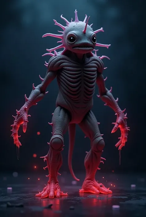 A _______ creature with ______ features, blending human and _______ forms in a disturbing, surreal way. Its body has ______, ______ or ______ elements, with limbs resembling ______ or ______ legs, and a face that merges unsettlingly with ________ or ______...