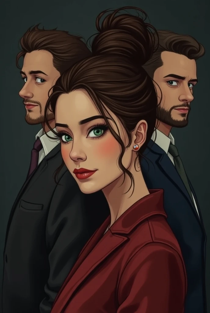  green-eyed brown woman with two attractive men , with different white complexions and suits behind their backs ,  one black haired with a slightly younger incipient beard and the other 34 year old brown illustration style black background