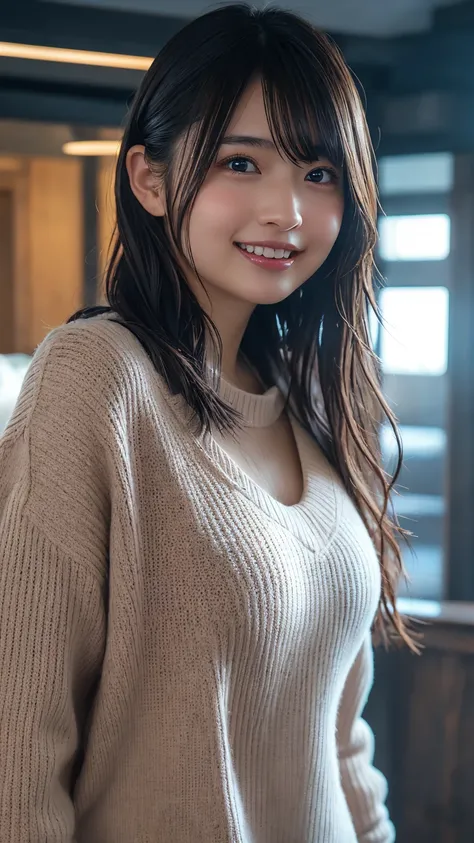 product quality, 1 girl, (whole body),(standing), (full body),front view, a Japanese young pretty girl, big smiling wearing a short knitted pink sweater, wearing mini skert, hyper cute face, glossy lips, big smile seeing with teeth, double eyelids for both...