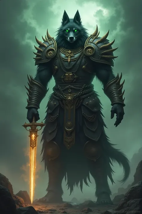  An imposing hybrid being with characteristics of a wolf and a human,  with black fur and bright jade-green eyes .  He is dressed in rich and decorated armor ,  adorned with chains and symbols . In one hand, holds a shining sword, which reflects a golden l...