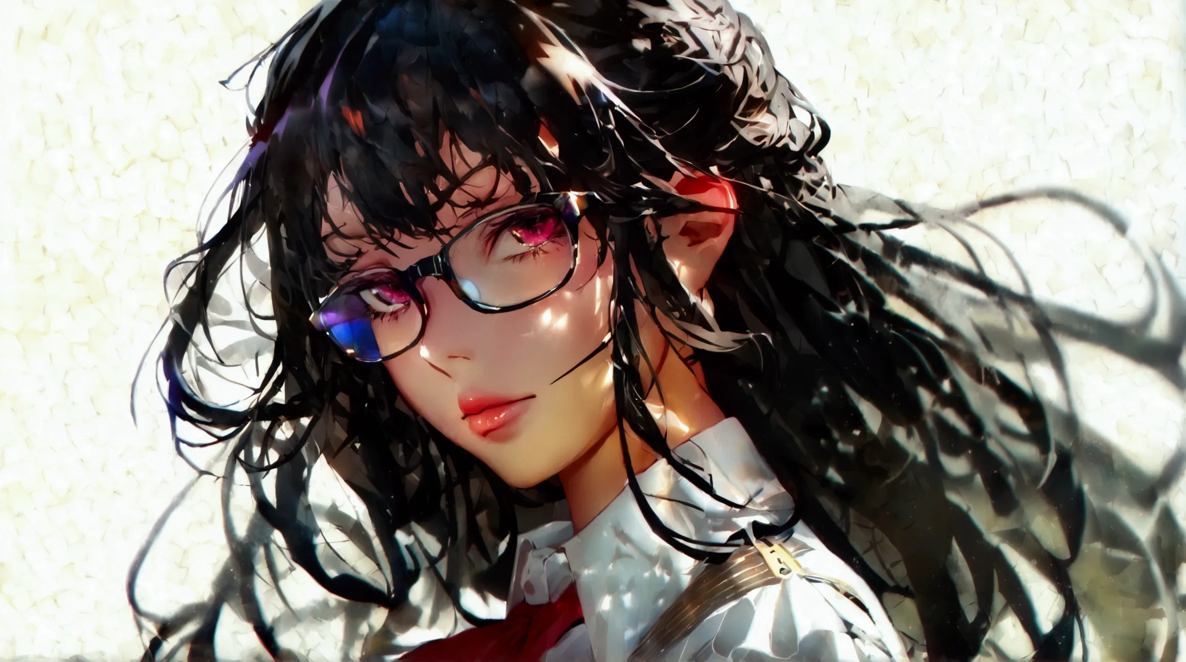 1girl, long wavy black hair, with eye glasses, blind, wearing formal attire, white background, absurdres, high res, ultrasharp, 8K, masterpiece, looking at viewer, villain look