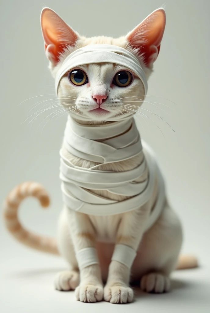 Q version cat with face and tail wrapped in bandages，Iris eye 