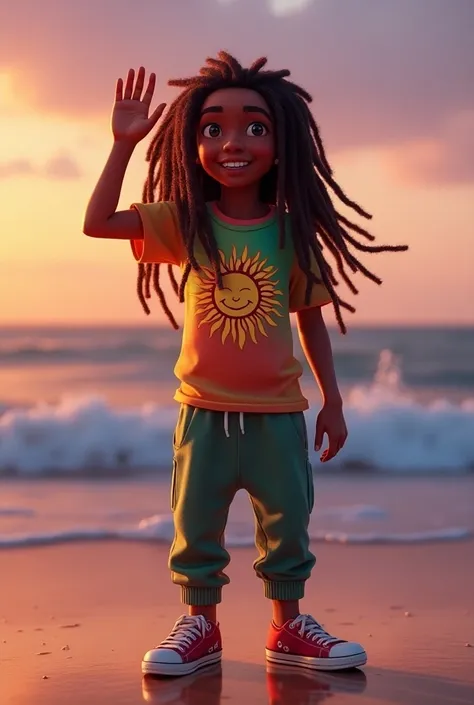 A  character with long dreadlocks and a fun smile poses on the beach at dusk.  
He wears a t-shirt with reggae colors and a sun print on the chest, along with sweatpants and sneakers.  
The sky in the background is in shades of lilac and orange, with the s...