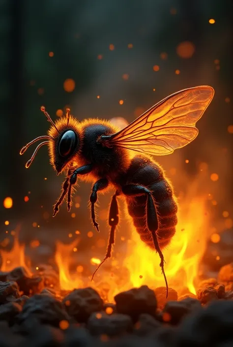 A normal-sized burning charcoal bee controlling fire with fire around it