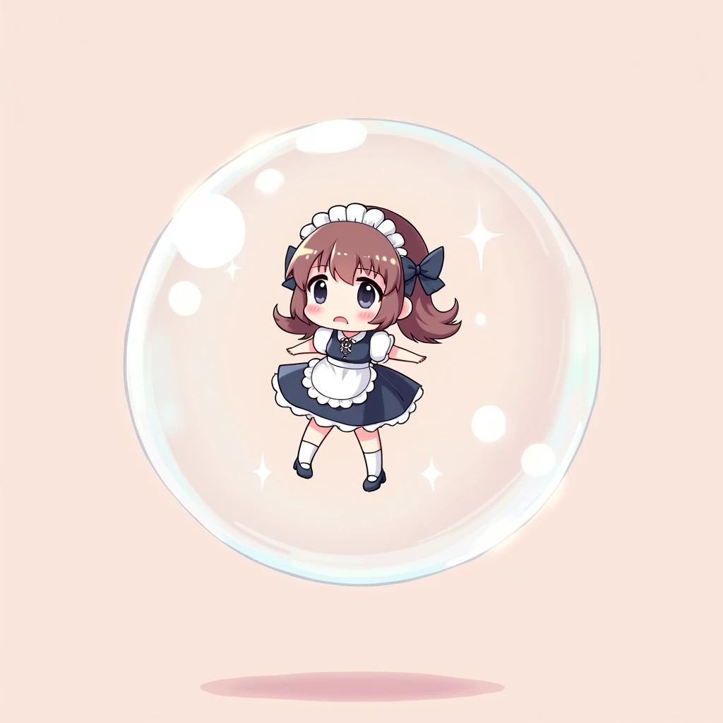 2d loli maid with big eyes, floating inside a big bubble, embarrassed, cute 2d anime style pink background