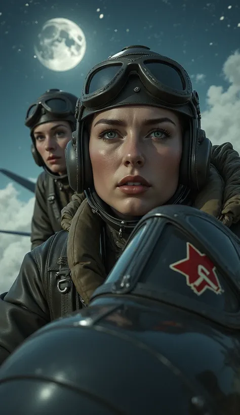 a close up of Female Soviet pilots, dressed in their WWII flying gear, soaring through a moonlit sky, with the iconic "Night Witches" insignia on their planes.