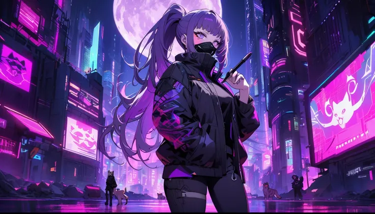 A cyberpunk woman, short purple hair in a high ponytail, a black mask covering her mouth and nose, several tattoos, including a large feline on her arm. She wears a black jacket with purple details and a feline symbol, dark pants and several accessories. S...