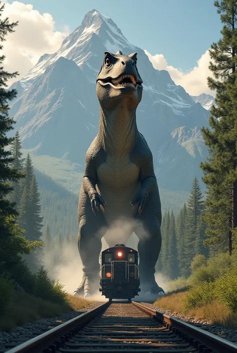 Dinasore and train one body danger look. background  big mountain,trees and sunlight
with Summer season 
