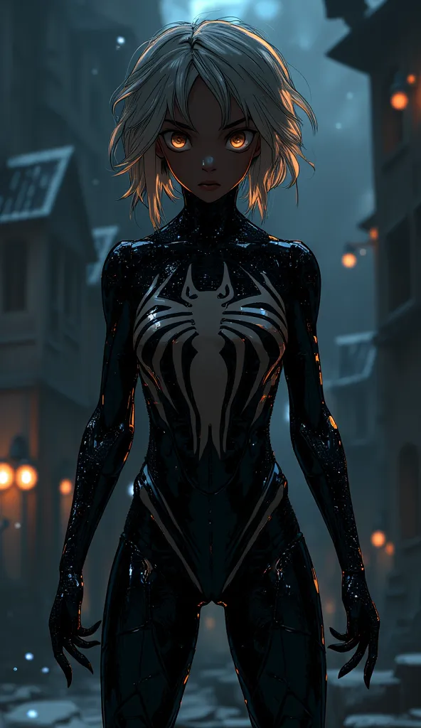 anime style, a female venom character in a dark, cinematic fantasy scene, full body shot, beautiful detailed eyes, beautiful det...