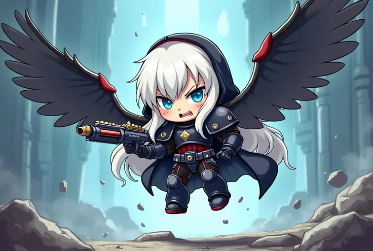  Create a chibi-style illustration / cartoon of a white-haired character   " Adepta Sororitas "  from the Warhammer 40k .  She has white skin,  blue eyes,   freckles on her face and long white hair .  Powerful wings come out of her back , making it float h...