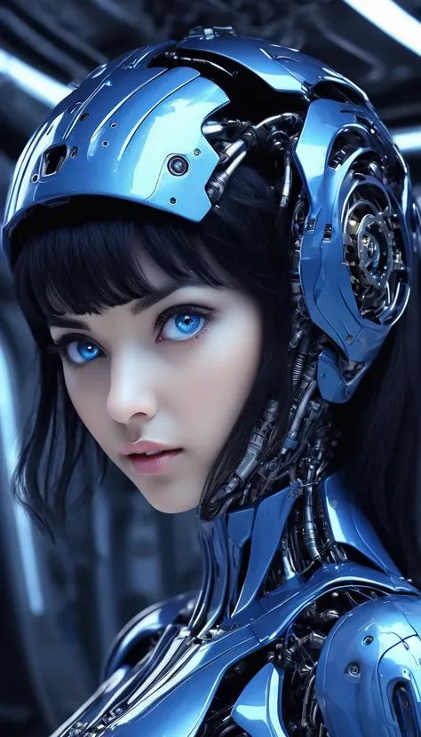 woman, Mechanical Blue Body ，Best Quality, masterpieceUltra HD, 8k,Futuristic spaceship interior，サイバーブルースーツを着たwoman，Black Hair，青 eyes，Shortcuts, Best Quality, High resolution, Ultra HD, blue eyes, 