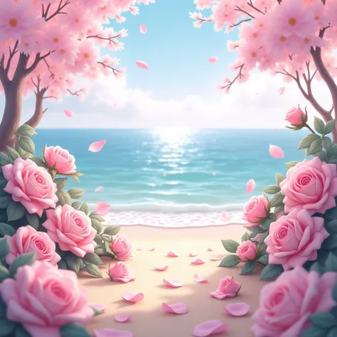 pink roses are growing on the beach near the ocean, a pastel by Eizan Kikukawa, tumblr, romanticism, flowers sea everywhere, beautiful and aesthetic, beautiful dreamy breathtaking, dreamy and romantic, an aesthetic field of flowers, flowers sea rainning ev...