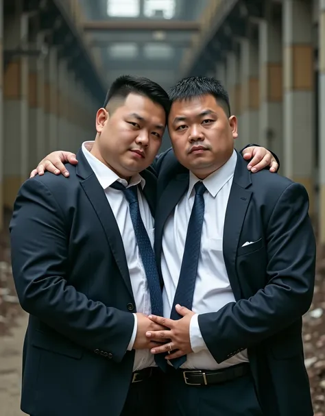  best quality,  facial focus,  Ultra High Resolution , (Reality:1.4), RAW photo, Two obese young Chinese men wearing executive jackets，25 years old，Short hair flat head， white shirt ，Lips tightly closed，Dark blue tie、 have a serious expression ， and face t...