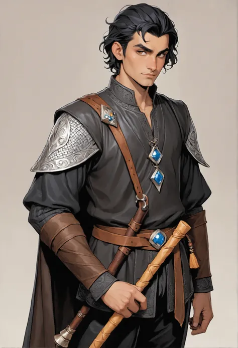 A young man,  30 year old , with short black hair,  almost shaved your appearance is inspired by an Indian  , has 1,82 tall, It weighs 85 kg  ,   having a cut scar on the top of his right eyebrow .  The clothes he wears are from the D &d,  5th edition ,   ...