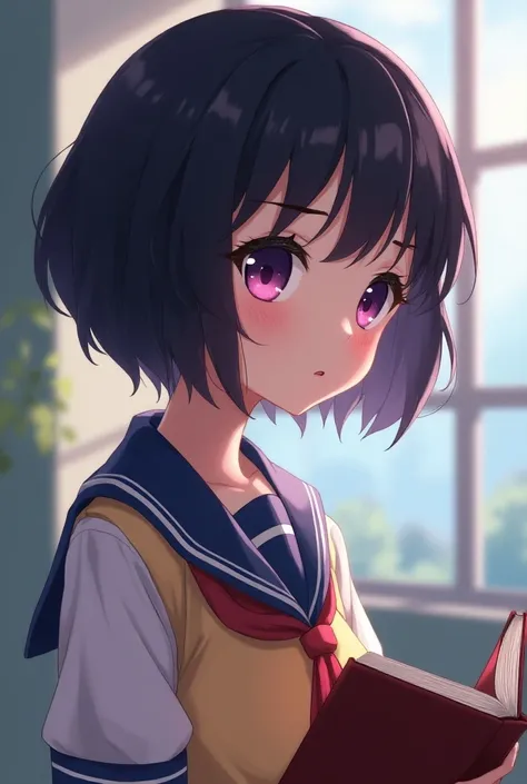 Anime girl with short dark hair and purple eyes, plump lips in school clothes and a textbook in her hands