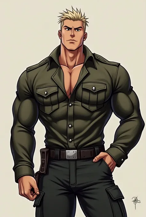  Animation Style Art , Anime Style Painting ,  Image in front of , whole body,   Muscle Male Character , Strong body shape,  Military Style Hairstyle, fashion clothing, 