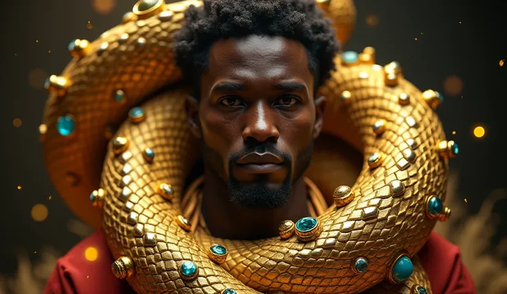 Young African man from ancient times in 3d surrounded by the mystical golden snake full of gold and precious stones 