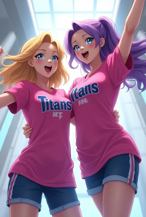 Two beautiful girls animate one blonde hair and the other more beautiful tall and big white girl with flat eyes and purple hair and very buluptuous with dark pink t-shirts very futuristic with white and that say titans Animey football shirts celebrating a ...