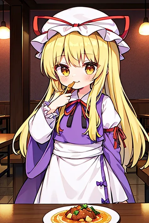 1girl, yakumo yukari (touhou), yellow eyes, hat, blonde hair, long hair, dress, ribbon, hat ribbon, bow, mob cap, frills, long sleeves, tabard, wide sleeves, hair bow, white dress, gap (touhou)
Eating a huge cutlet curry🍛 in a table-sized plate at a family...