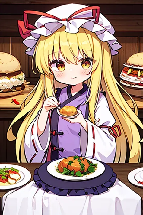 1girl, yakumo yukari (touhou), yellow eyes, hat, blonde hair, long hair, dress, ribbon, hat ribbon, bow, mob cap, frills, long sleeves, tabard, wide sleeves, hair bow, white dress, gap (touhou)
Eating a huge cutlet curry🍛 in a table-sized plate at a family...