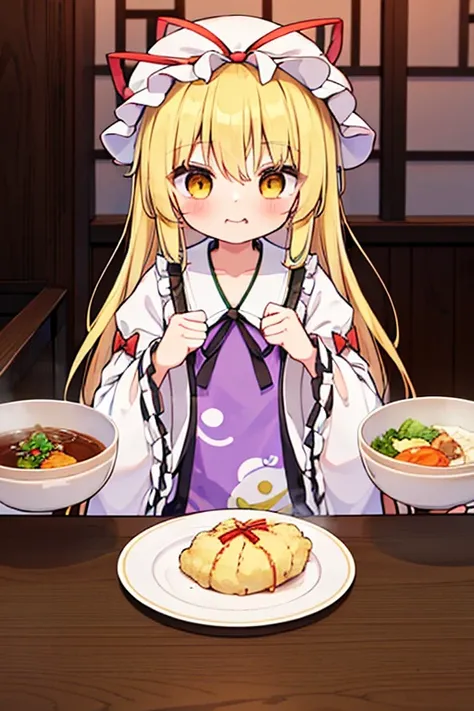 1girl, yakumo yukari (touhou), yellow eyes, hat, blonde hair, long hair, dress, ribbon, hat ribbon, bow, mob cap, frills, long sleeves, tabard, wide sleeves, hair bow, white dress, gap (touhou)
Eating a huge cutlet curry🍛 in a table-sized plate at a family...