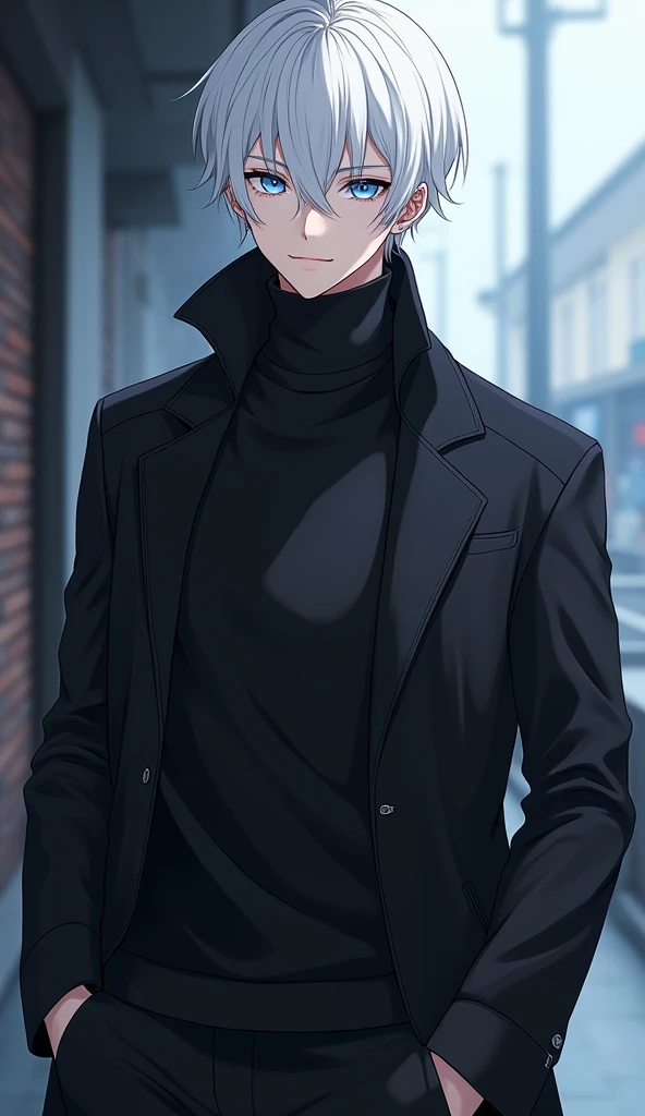  personaje de anime masculino de cabello white sentado,  elegant clothes ,   white hair, blue eyes,   black jacket  , periphery,  pelo white ,   short hair,  full body wool sweater