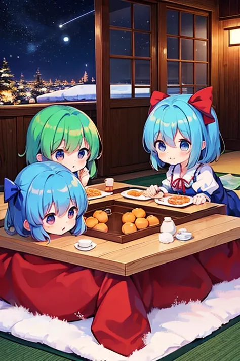 Cirnos group (touhou) On a snow-covered winter night, many Cirnos are eating tangerines at the kotatsu.