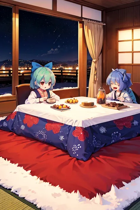 Cirnos group (touhou) On a snow-covered winter night, many Cirnos are eating tangerines at the kotatsu.