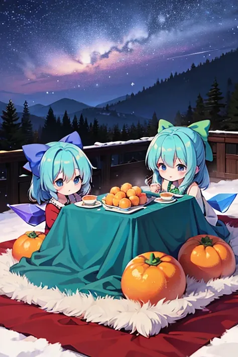 Cirnos group (touhou) On a snow-covered winter night, many Cirnos are eating tangerines at the kotatsu.