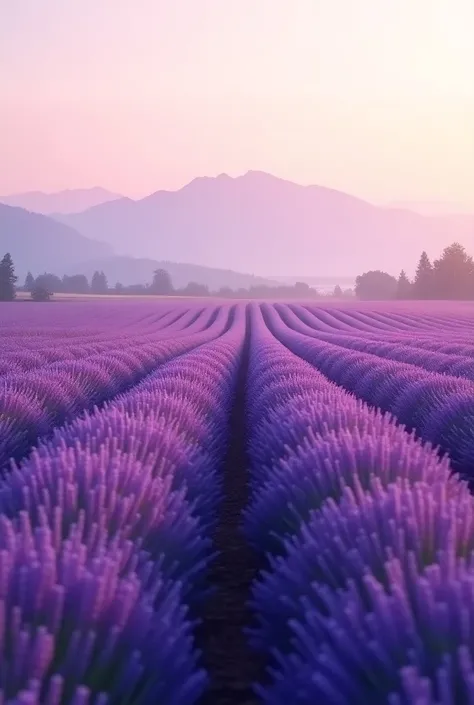 "Endless lavender field ,  with perfect rows of purple ,  flowers shrouded in soft dawn light and a distant mountain on the horizon."