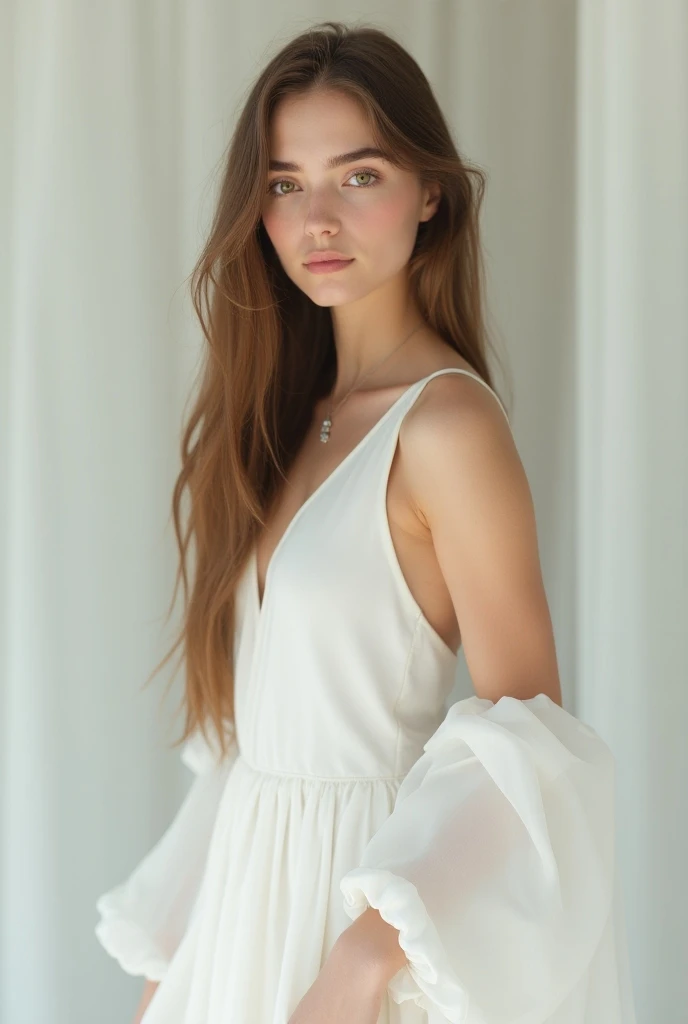 18 year old woman, Endorsed face , long light brown hair,  and honey-colored eyes wearing a beautiful long white dress close to her body. 