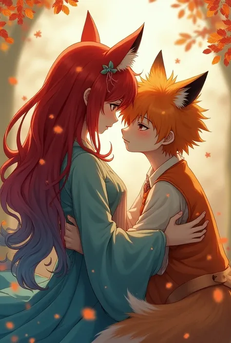 Anime fox girl with red and blue hair hugging an anime fox boy with orange hair