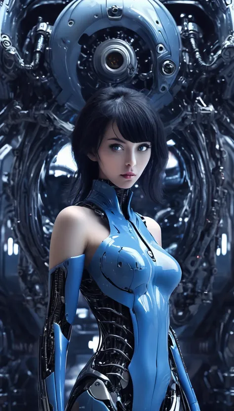 woman, Mechanical Blue Body ，Best Quality, masterpieceUltra HD, 8k,Futuristic spaceship interior，サイバーブルースーツを着たwoman，Black Hair，青 eyes，Shortcuts, Best Quality, High resolution, Ultra HD, blue eyes, 