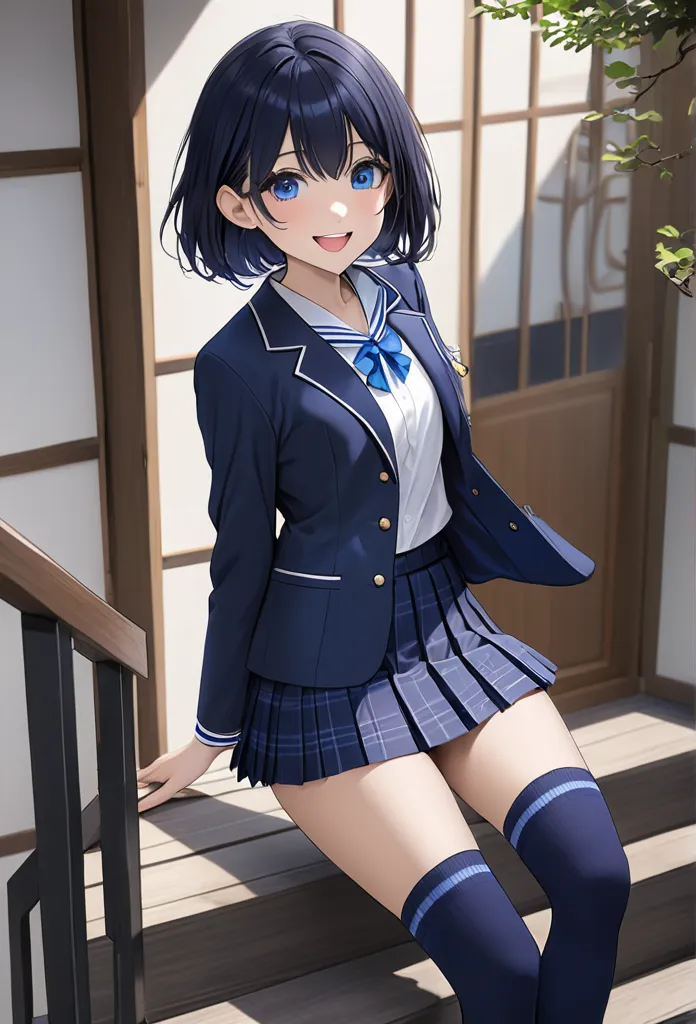 (((japanese jk uniform, navy blue blazer , navy blue plaid pleated miniskirt,dark blue short socks,))), full body、masterpiece, b...