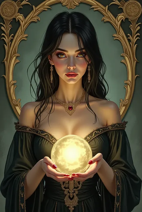 a beautiful fortune teller woman, crystal ball in her hands, detailed illustration, art nouveau style, detailed face, piercing eyes, lush lips, delicate skin, elegant dress, dramatic lighting, muted color palette, ornate background, (best quality,4k,8k,hig...