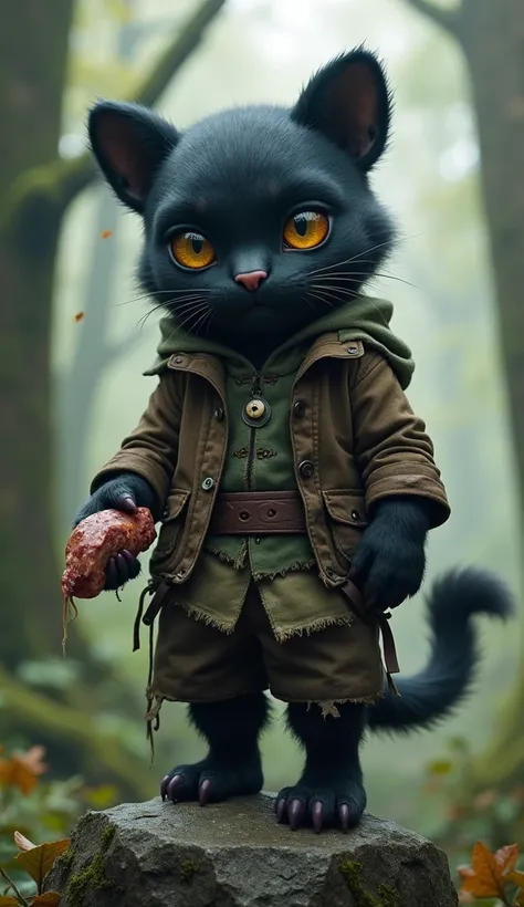 fantasy character art,  dressed in torn ,  patched clothes with eyes , With their ears, nose and mouth , like a big black panther.  Holding a small piece of meat , , the character stands on a rocky spot in a forest setting .  The head adds an atmosphere of...