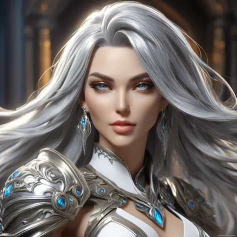 Aasimar female silver hair with white eyes and a paladin masterpiece, best quality, hyper detailed, HD Full Art