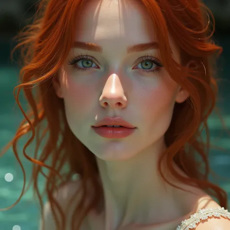 a redheaded woman, beautiful detailed eyes, beautiful detailed lips, extremely detailed face and portrait, elegant smile, long eyelashes, realistic skin texture, ethereal, pure, water details, serene, natural light, photorealistic, detailed background, cin...