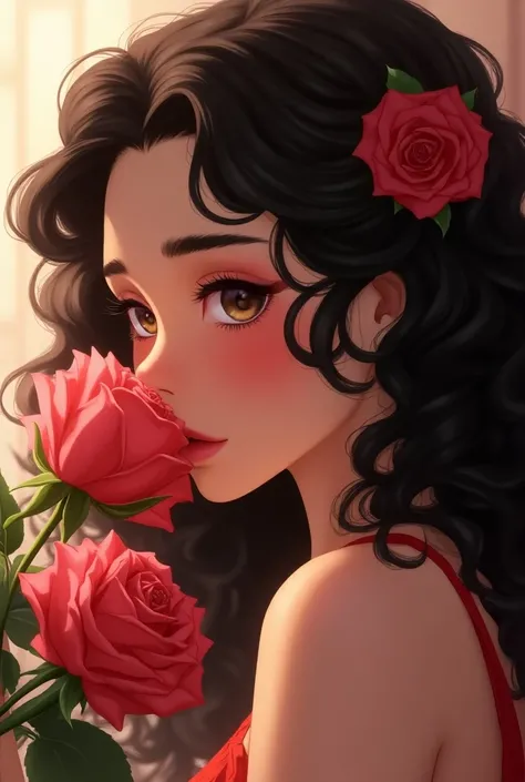 Trigueña curly hair anime type smelling roses sexy side profile