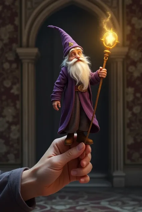 A miniature elderly master wizard with a long beard and a purple cloak, balanced on the tip of a human finger. He holds a staff that emits a golden glow, and the background is a castle hall with ancient tapestries