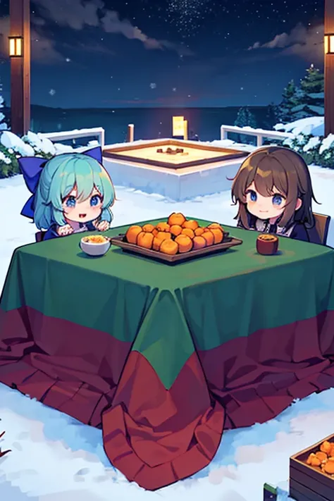 enderman(Minecraft)＆Cirnos group (touhou) On a snow-covered winter night, many Cirnos are eating tangerines at the kotatsu.