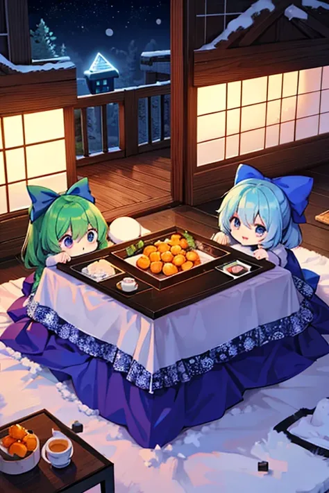 enderman(Minecraft)＆Cirnos group (touhou) On a snow-covered winter night, many Cirnos are eating tangerines at the kotatsu.