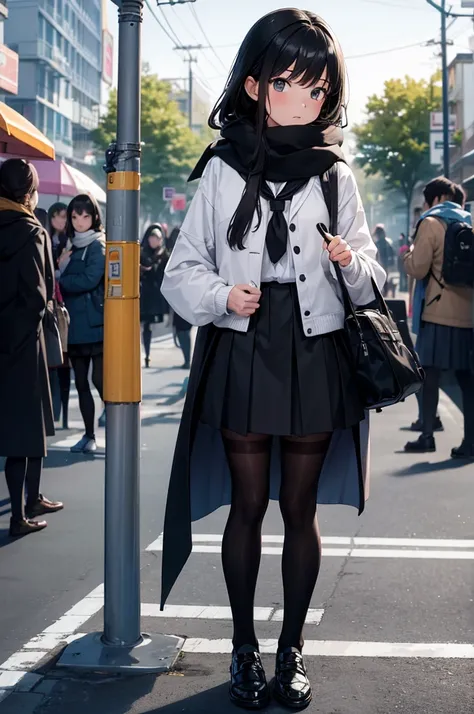 High image quality, high resolution, smooth gradation, vivid colors, A bus stop in a residential area early in the morning, a girl waiting for the bus in the middle of a crowd, her breath white., a scarf, a black cloak, a black student uniform, black stock...