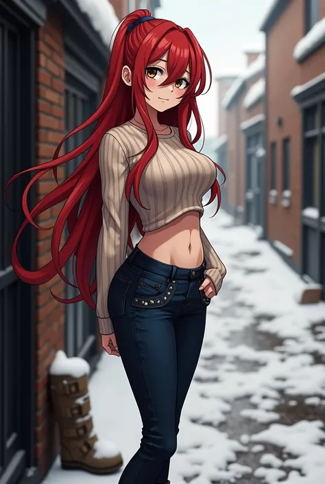  Beautiful girl in dark blue jeans,anime,short blanco,very long red hair, hair over one eye ,brown boot ,Showing butt and chest sizes of 70km, full body wool sweater,brown boots