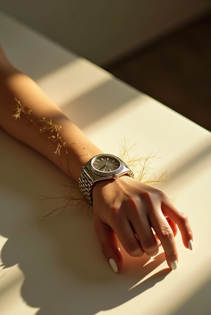 A beautiful hairy arm of a woman with lots of blond fine hairs has been cut off and is lying on a table and it is illuminated by the sun and the nails are done with white nail polish and on the wrist is a Rolex Lady Day Just and he was photographed sideway...