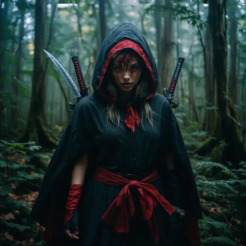 create an image of little red riding hood as a fierce ninja witch hunter, dressed in a dark, hooded outfit with red accents. she...