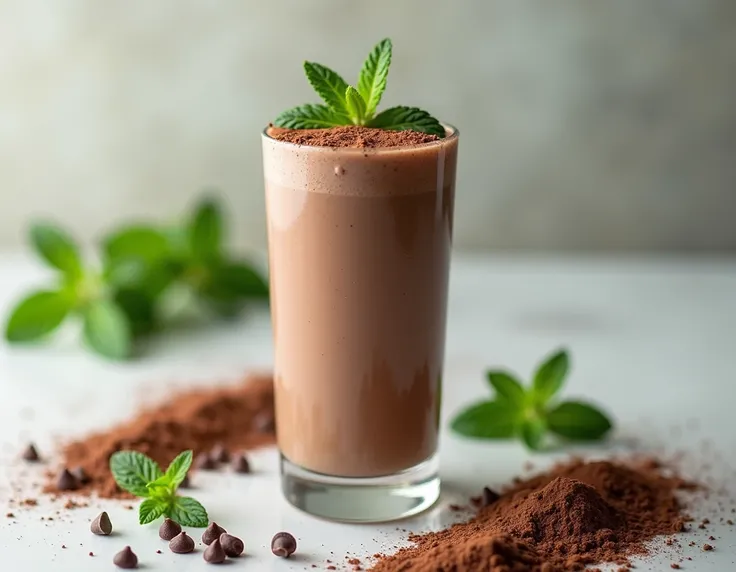 A tall glass filled with a creamy chocolate mint milkshake, topped with a sprinkle of cocoa powder and a fresh mint leaf. The shake is a rich, chocolatey color, with a frosty look as if just blended. Next to the glass are scattered cocoa powder, a few choc...