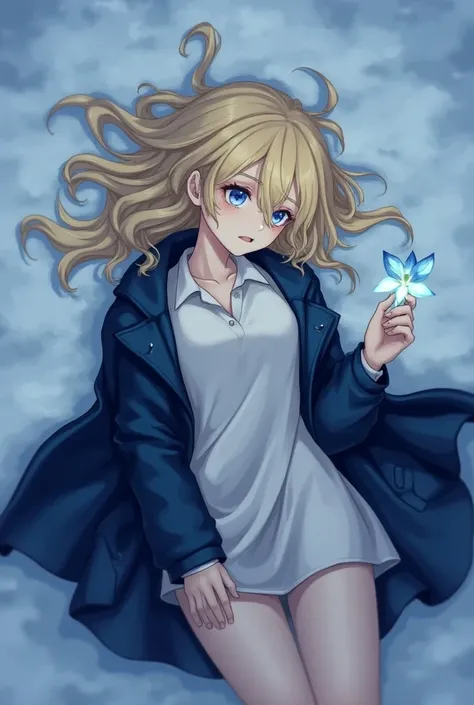 (( best quality )), ((masterpiece)), ( in detail),  1girl, Girl 17 years old,  blond hair, hair in the snow ,  blue eyes , loose clothing,  a white shirt , dark jacket , bare legs,  lies on the snow , one flower ,  flower glows, flower in hand , blue flowe...